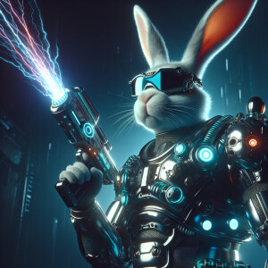 A humanoid rabbit in a futuristic cyberpunk-style armor suit, eq...