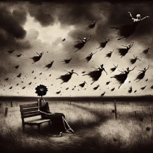 . Generate a monochrome image of a desolate, grassy field enclos...