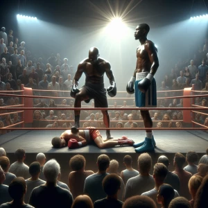 A photo of a boxing match in progress. Mike Tyson is standing ov...
