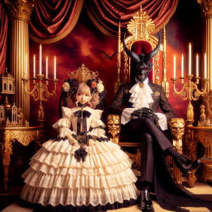 A girl with elegant gothic lolita dress sit beside handsome Lucifer, red background, thrones