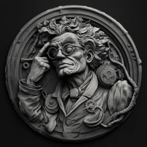 Design a high-contrast grayscale 3d bas relief of mad scientist,...