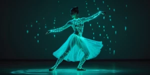 Capture a scene of a dancer illuminated by bioluminescent light,...