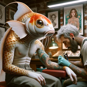 **Prompt for an Anthropomorphic Koi Fish Getting a Tattoo of a H...