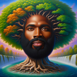 A hyper-realistic 3-D oil painting depicting a tree integrated w...