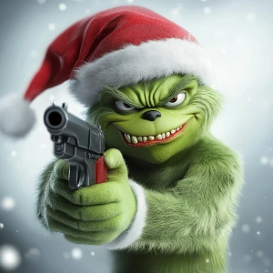 Grinch with a gun in his hands as a bandit. Use carton style. sh...