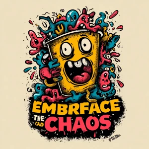 hand-drawn coffee cup tilted and overflowing, liquid morphs into...