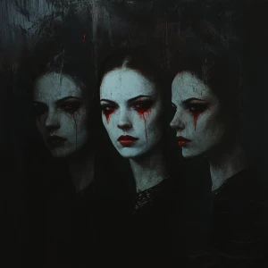 Three ghostly women, red eyes, red tears, pale skin, dark backgr...