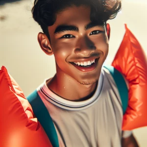 Teen boy wearing orange arm floaties