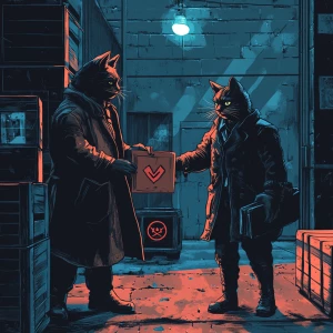 A shady cat in a trench coat exchanging a briefcase with another...