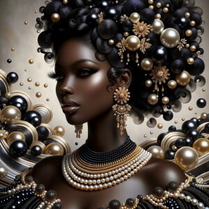 Imagine a digital portrait of a light skinned African-American Latino regal woman named KAREN Her attire and accessories are exclusively adorned with black and gold pearls. They grace her voluminous hair, styled in an elegant updo, where the black pearls form the roots and the gold pearls create the stunning curls. Her ears boast chandelier earrings, with black pearls clustered at the top, transitioning to gold pearls that dangle with delicate grace. Around her neck, a tiered necklace cascades with strands of alternating black and gold pearls, reflecting a sophisticated contrast.

Her shoulders are draped with a luxurious off-shoulder gown, the fabric's weave incorporating intricate patterns formed by black and gold pearls. The gown's texture has a subtle sheen, suggesting a high-quality material with a pearlescent finish. As a centerpiece, a grand brooch sits at her collar, with a large gold pearl surrounded by an elaborate design of smaller black pearls.

The background of the portrait features an abstract composition of floating pearls, swirling in a dance of shadows and light, emphasizing the color theme of black and gold. The name "KAREN" is discreetly integrated into the lower right corner of the artwork, blending seamlessly with the design, as if it were a signature part of the jewelry ensemble. The overall effect is one of timeless elegance, a blend of modern design and classic beauty, all tied together by the luxurious palette of black and gold.