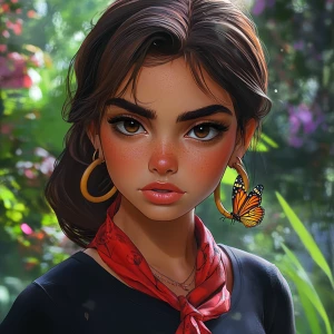 girl with brown hair, thick eyebrows, pumped up lips, potato nos...