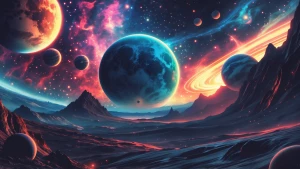 Alien planets and extraterrestrial landscapes with vivid, surrea...