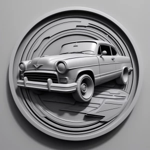 Design a high-contrast grayscale 3d bas relief of lowrider with front end bounced up in the air , The composition should be circular like a coin emblem, designed for CNC routing with balanced lighting to accentuate fine details, sharp edges, and distinct textures. Employ deep shadows and strong highlights to define planes and surfaces clearly.