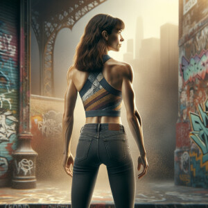 Athletic Thin skinny Attractive, Asian teenage girl, long brown hair and bangs, wearing tight skinny jeans and a halter top paint marks on her clothing, heroic pose Asian graffiti background, backside view