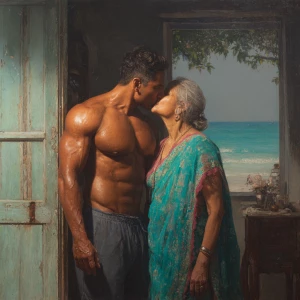 Hyperrealism painting.a muscular sweaty indian man standing in...