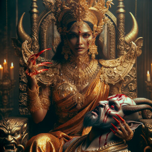 portrait of intense looking indian goddess sitting on a gold cr...