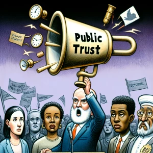 A satirical depiction of a politician using a giant, hollow trophy labeled ‘Public Trust’ as a megaphone to shout campaign slogans, while voters look on unimpressed. The scene includes scattered signs of unfulfilled promises—such as broken clocks and faded banners—creating a visual narrative of mistrust