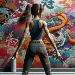 Athletic Thin skinny Attractive, Asian teenage girl, long brown hair and bangs, wearing tight skinny jeans and a halter top paint marks on her clothing, heroic pose Asian graffiti background, backside view