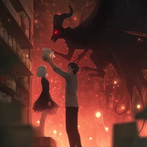 "Anime-style man lifting a small female demon with flowing elega...