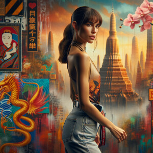 Athletic Thin skinny Attractive, Asian teenage girl, long brown hair and bangs, wearing tight skinny jeans and a halter top paint marks on her clothing, heroic pose Asian graffiti background,  backside view