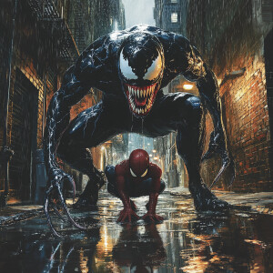 Image an image of Venom on a firescape above and Spider-Man over...