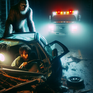 Depict a nighttime scene of a severe car accident with a man vis...
