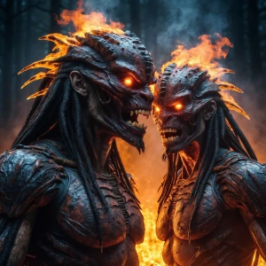 Double exposure horror fire entity, in the style of Yautja's (Hu...