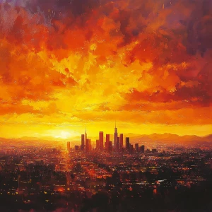 A vivid depiction of the city of Los Angeles bathed in the warm,...