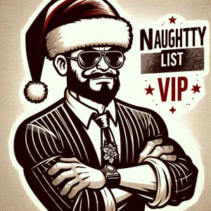 A cartoon gangster wearing a Santa hat, with crossed arms, weari...