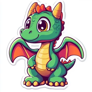 Design a cute, cartoon-style dragon sticker graphic featuring vibrant colors and a pristine white background, suitable for printing or digital use.