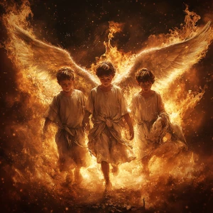 Create image of three Hebrew boys and an angel surrounded by flames but are unharmed