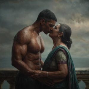 Hyperrealism.a muscular sweaty indian  man  standing with his at...