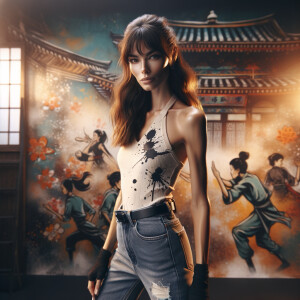 Athletic Thin skinny Attractive, Asian teenage girl, long brown hair and bangs, wearing tight skinny jeans and a halter top paint marks on her clothing, heroic pose Asian graffiti background, backside view