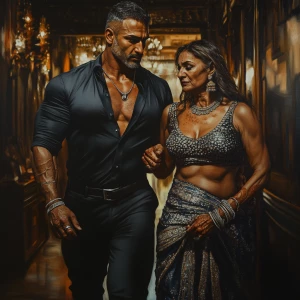 Photorealism,fantasy,a bodybuilder man ,walking with his 50 year...