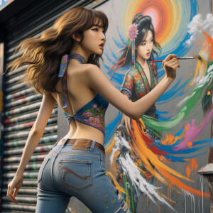 Attractive, Asian teenage girl, long brown hair and bangs, wearing tight skinny jeans and a halter top paint marks on her clothing, backside view heroic pose Asian graffiti