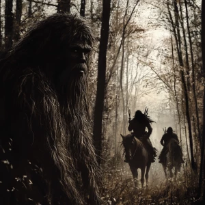 A humanoid looking haircovered sasquatch hiding behind trees aft...