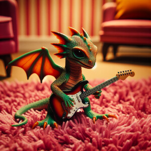 A baby dragon playing the electric guitar on a pink shag carpet.