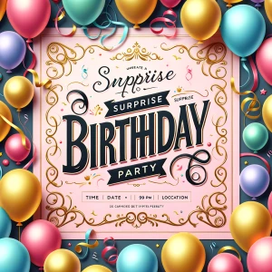 Create a flyer for a surprise birthday party. Make it fun and cl...