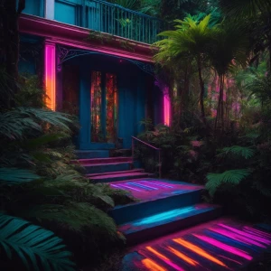 Step into a psychedelic jungle, where the foliage is a vibrant m...