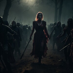 A gruesome scene of a zombie woman leading a horde of undead sol...