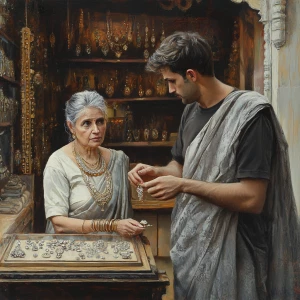 Realistic painting 1:1,A muscular, perspiring man is in a Jaipur...