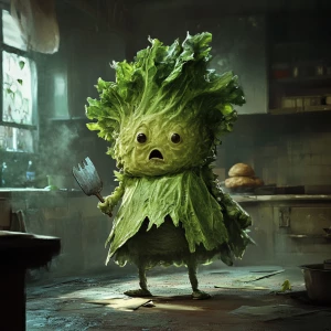 In a dimly lit kitchen arena, an anthropomorphic lettuce stands...