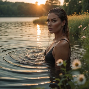 “A serene lakeside scene during golden hour, capturing a captiva...