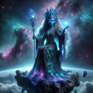 A hyper-realistic alien witch in 24-bit color, with shimmering b...