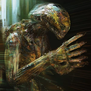 A highly dimensional alien hybrid composed of layered, semi-tran...