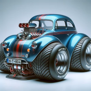 Generate a 3D image of a Volkswagen funny car with exaggerated p...