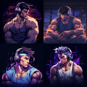Anime muscle character from 90s vintage, wearing headphones a th...