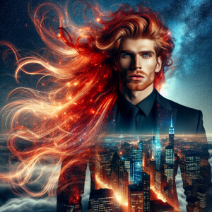 A cosmic handsome guy  with red hair  on the surface of a gas gi...