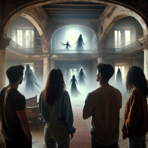 2 guys and 2 girls are standing in an abandoned mansion. They se...