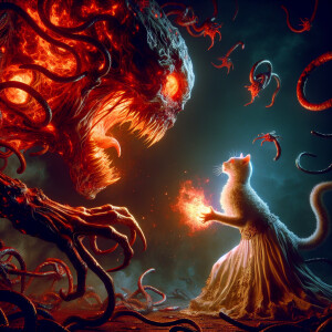 zombie cat in a white dress is attacked by a giant monster with...